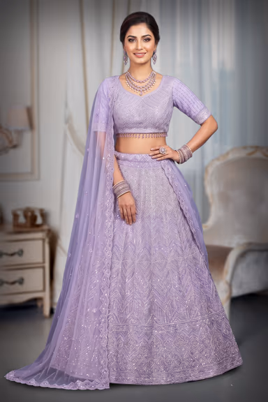 lavender shade wedding lehenga with stones,sequins and beads embroidery in geometrical patterns — view 2 of 3