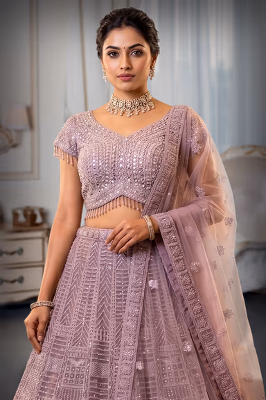 Lavender shade with heavy sequin and bead embroidery lehenga — view 1 of 2