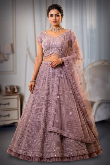 Lavender shade with heavy sequin and bead embroidery lehenga — view 2 of 2