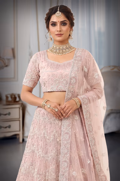 Designer Embroidered Net Lehenga Choli in Pastel Pink — view 1 of 3