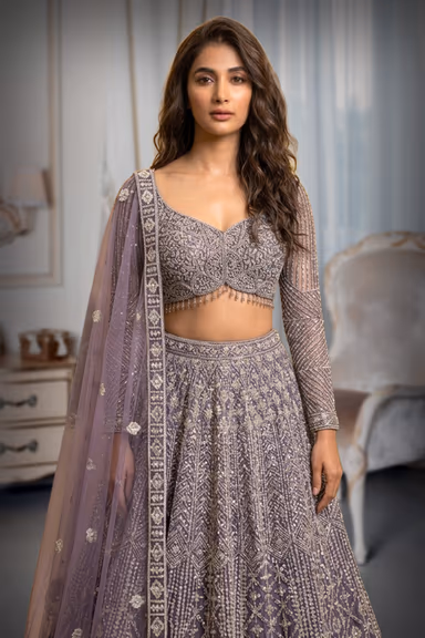 Dusty Mauve Sequinned and Mirror-Work Bridal/Cocktail Lehenga Choli — view 3 of 3