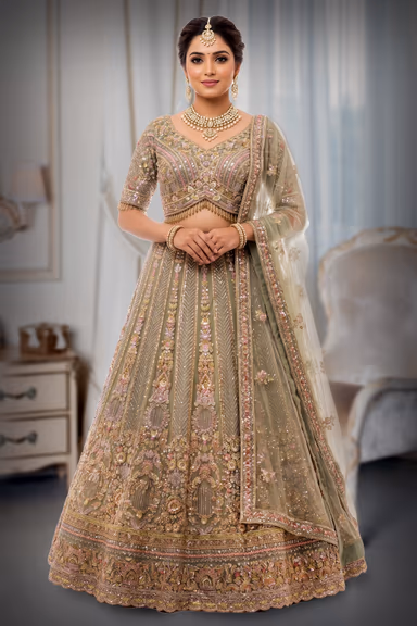 Intricate Hand-Embroidered Sage Green Lehenga Choli with Sequined Net Dupatta — view 2 of 3