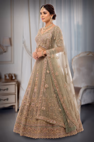 Intricate Hand-Embroidered Sage Green Lehenga Choli with Sequined Net Dupatta — view 3 of 3