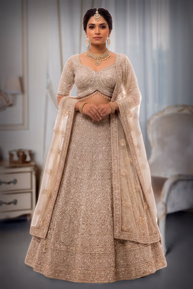 Intricate Pearl and Sequin Hand-Embroidered Lehenga Set in Champagne Ivory — view 2 of 3