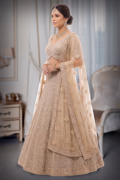 Intricate Pearl and Sequin Hand-Embroidered Lehenga Set in Champagne Ivory — view 3 of 3