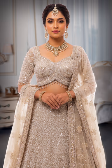 Intricate Pearl and Sequin Hand-Embroidered Lehenga Set in Champagne Ivory — view 1 of 3