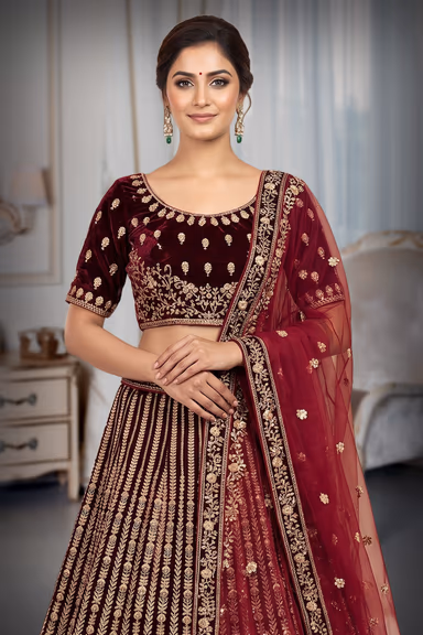 Luxurious Deep Maroon Velvet Lehenga Set Showcasing Detailed Gold Zari Work And A Sheer Net Dupatta For A… — view 1 of 3