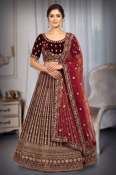 Luxurious Deep Maroon Velvet Lehenga Set Showcasing Detailed Gold Zari Work And A Sheer Net Dupatta For A… — view 2 of 3
