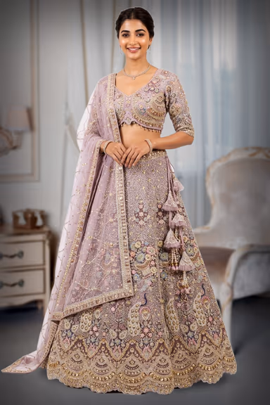 Mauve-Lavender Hand-Embroidered Lehenga Choli with Peacock Motifs — view 3 of 3