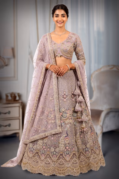 Mauve-Lavender Hand-Embroidered Lehenga Choli with Peacock Motifs — view 2 of 3