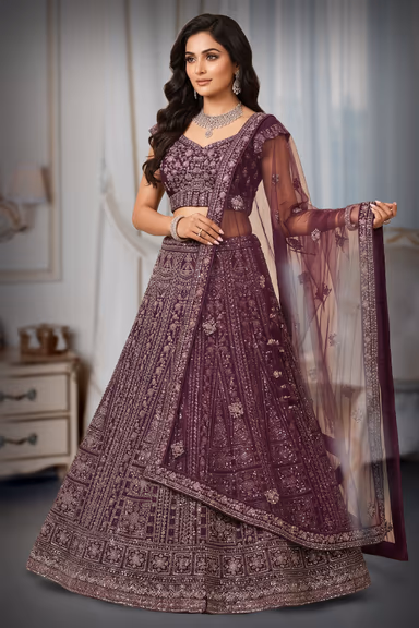 Elegant Purple Lehenga Choli Set Detailed With Delicate Floral Embroidery And Shimmering Accents — view 3 of 3