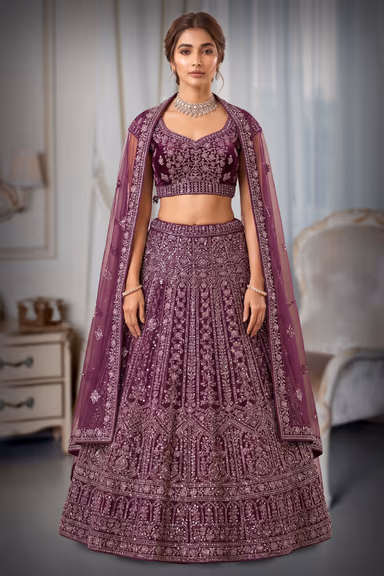 Elegant Purple Lehenga Choli Set Detailed With Delicate Floral Embroidery And Shimmering Accents — view 2 of 3