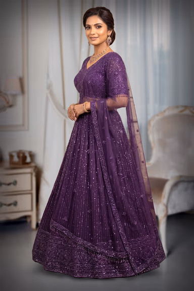 Purple Sequin Embroidered Lehenga Set with Dupatta — view 3 of 3