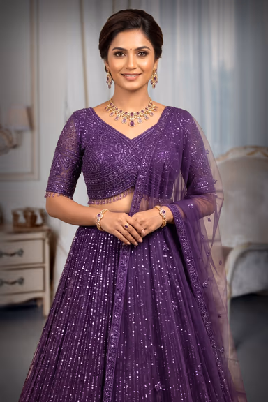 Purple Sequin Embroidered Lehenga Set with Dupatta — view 1 of 3