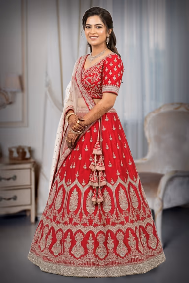 Rani Pink Raw Silk Bridal Lehenga with Silver Zari and Mughal Butis — view 2 of 2