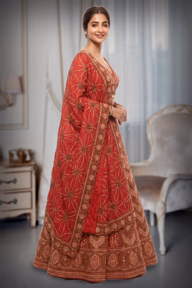 Royal Scarlet Silk Lehenga Set with Geometric Zardosi & Floral Artistry — view 3 of 3