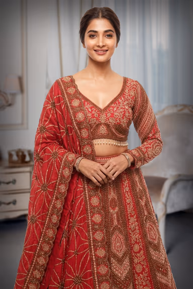 Royal Scarlet Silk Lehenga Set with Geometric Zardosi & Floral Artistry — view 1 of 3