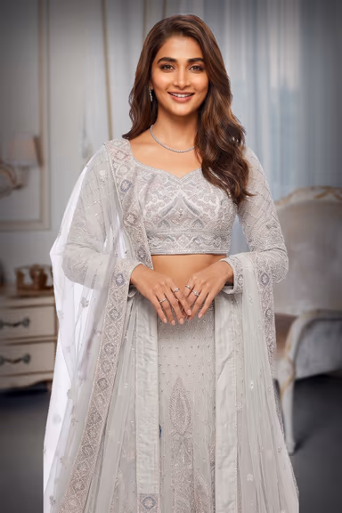 Elegant Threadwork Peacock Motif Net Lehenga with Full Sleeve Bridal Blouse — view 1 of 2