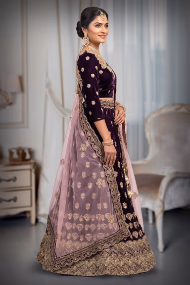 Wine Velvet Embroidered Anarkali Lehenga Set with Pink Dupatta — view 3 of 3