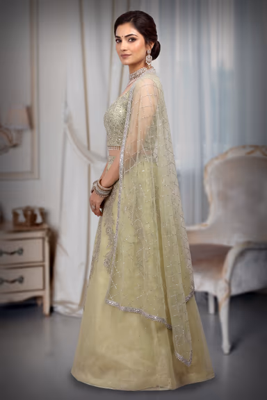 Lemon Yellow Stone Worked Crop Top  With Heavy Embellished Blouse And Dupatta — view 3 of 3