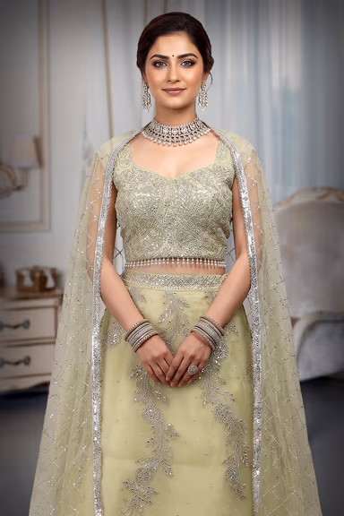 Lemon Yellow Stone Worked Crop Top  With Heavy Embellished Blouse And Dupatta — view 1 of 3