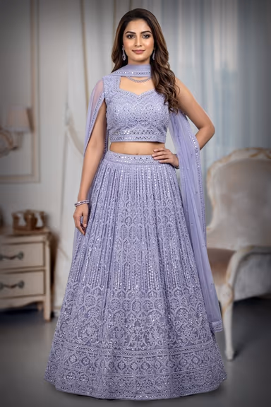 Light Lilac Heavy Stone Work Embellished Crop Top Lehenga With Same Colour Dupatta — view 2 of 2