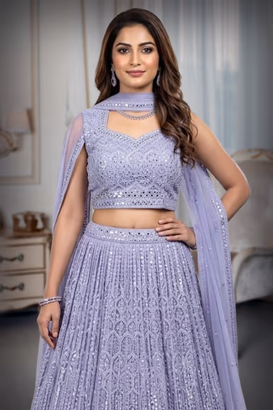 Light Lilac Heavy Stone Work Embellished Crop Top Lehenga With Same Colour Dupatta — view 1 of 2