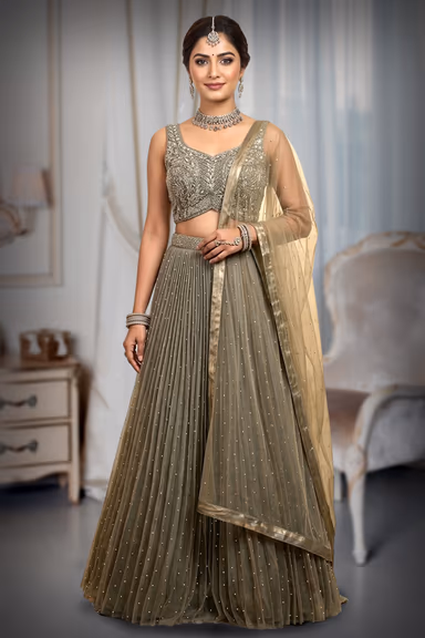 Light Olive Green Pre Wedding Lehenga With Uniform Stone Worked Skirt, Exquisite Stoneworked Crop Top Along… — view 2 of 2