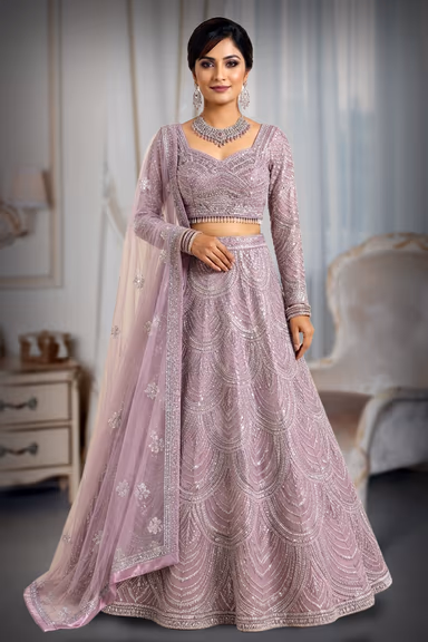 Lilac Bridal Lehenga with Intricate Sequin Embroidery and Embellished Net Dupatta — view 2 of 3