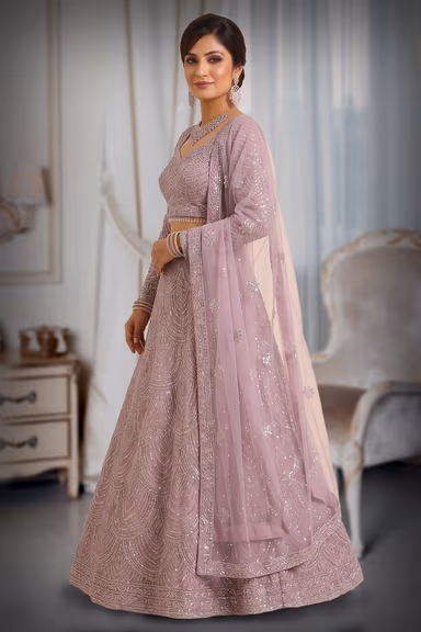 Lilac Bridal Lehenga with Intricate Sequin Embroidery and Embellished Net Dupatta — view 3 of 3