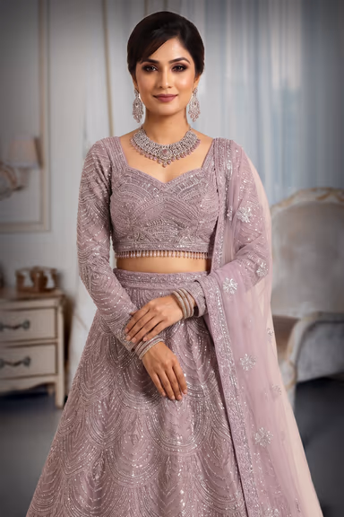Lilac Bridal Lehenga with Intricate Sequin Embroidery and Embellished Net Dupatta — view 1 of 3