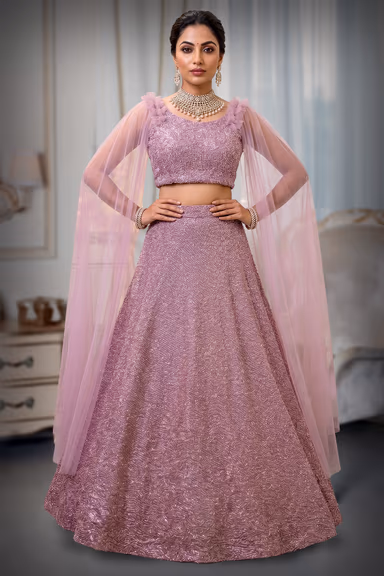 Lilac Pre Wedding Lehenga With Intricate Thread Work Details Along With Same Color Dupatta — view 2 of 2