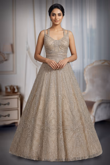 Luxe Champagne Gold Heavily Sequined A-Line Gown with Illusion Bodice — view 2 of 3