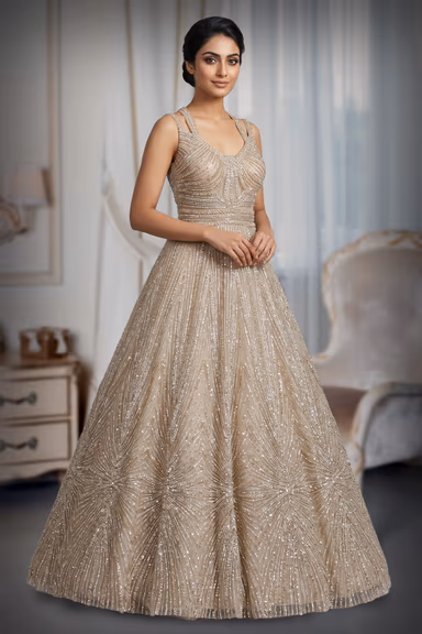 Luxe Champagne Gold Heavily Sequined A-Line Gown with Illusion Bodice — view 3 of 3