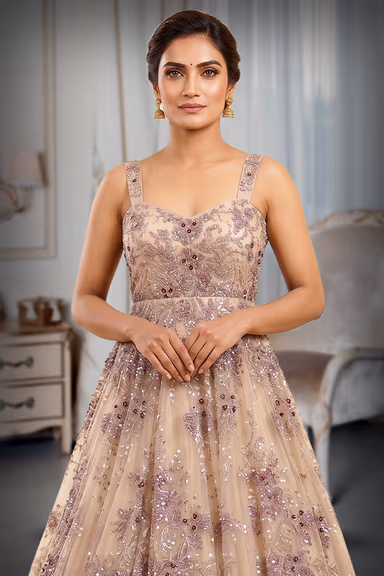 Luxe Pastel Cream A-Line Gown with Intricate Rose Gold and Bronze Hand Embroidery — view 1 of 3