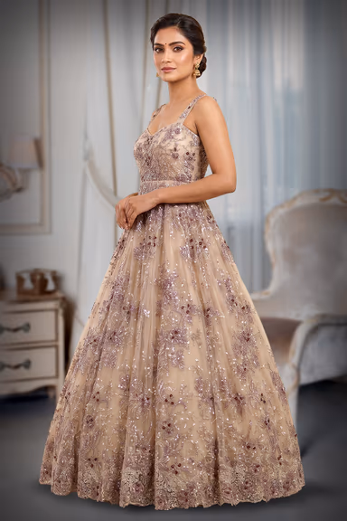 Luxe Pastel Cream A-Line Gown with Intricate Rose Gold and Bronze Hand Embroidery — view 3 of 3