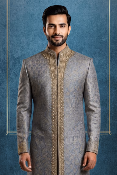 Luxurious Jacquard Ensemble with Zardozi Work and Highlighted Embroidered Hand Cuffs — view 2 of 3