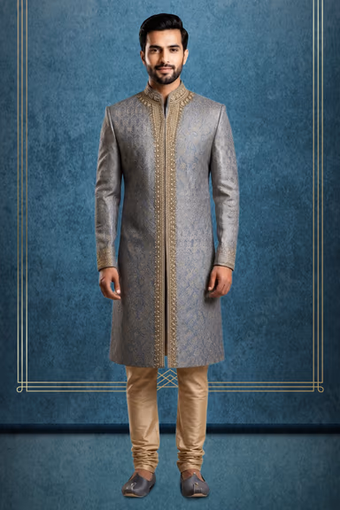 Luxurious Jacquard Ensemble with Zardozi Work and Highlighted Embroidered Hand Cuffs — view 1 of 3