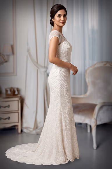 Luxurious Off-White Pearl and Bugle Bead Mermaid Bridal Gown with Illusion Yoke — view 3 of 3