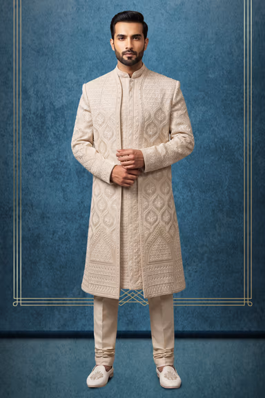 Luxury Ivory Beige Heavy Embroidered Wedding Sherwani — view 1 of 3