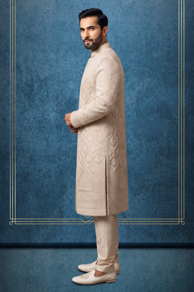 Luxury Ivory Beige Heavy Embroidered Wedding Sherwani — view 3 of 3