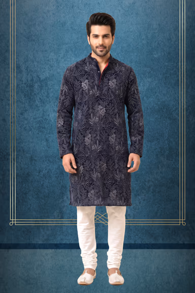 Luxury Navy Blue Velvet Kurta with All-Over Silver Metallic Thread and Sequin Embroidery — view 1 of 2