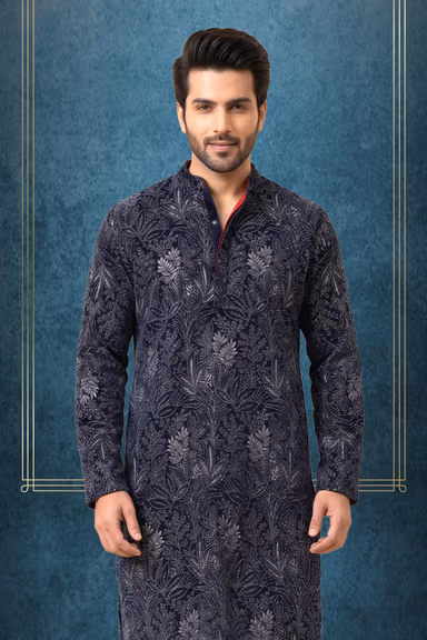Luxury Navy Blue Velvet Kurta with All-Over Silver Metallic Thread and Sequin Embroidery — view 2 of 2