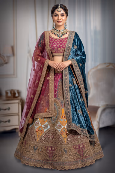 Magenta and Teal Embroidered Bridal Lehenga with Velvet Dupatta — view 2 of 3