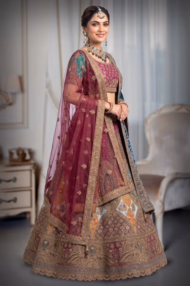 Magenta and Teal Embroidered Bridal Lehenga with Velvet Dupatta — view 3 of 3