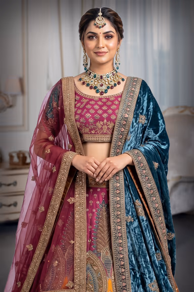 Magenta and Teal Embroidered Bridal Lehenga with Velvet Dupatta — view 1 of 3