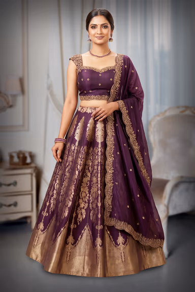 Majestic Deep Purple Silk Lehenga Set with Gold Zari Foliage Embroidery & Brocade Border — view 2 of 3