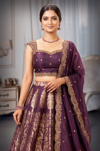 Majestic Deep Purple Silk Lehenga Set with Gold Zari Foliage Embroidery & Brocade Border — view 1 of 3