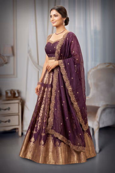 Majestic Deep Purple Silk Lehenga Set with Gold Zari Foliage Embroidery & Brocade Border — view 3 of 3