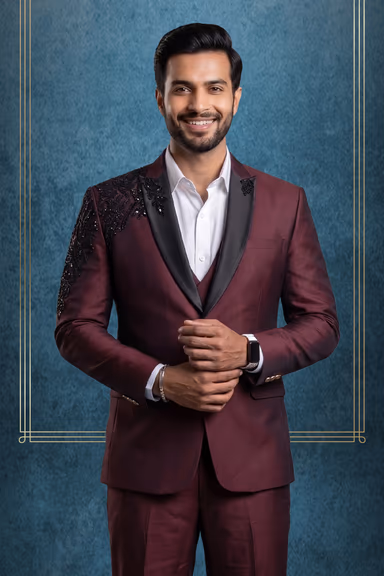 Maroon black Designer Tuxedo Suit with Embroidered Shoulder Work — view 2 of 3